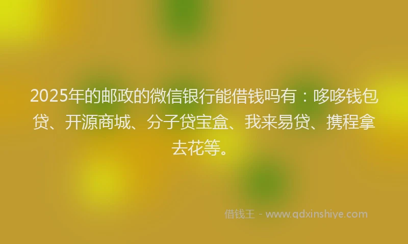 2025年的邮政的微信银行能借钱吗有：哆哆钱包贷、开源商城、分子贷宝盒、我来易贷、携程拿去花等。