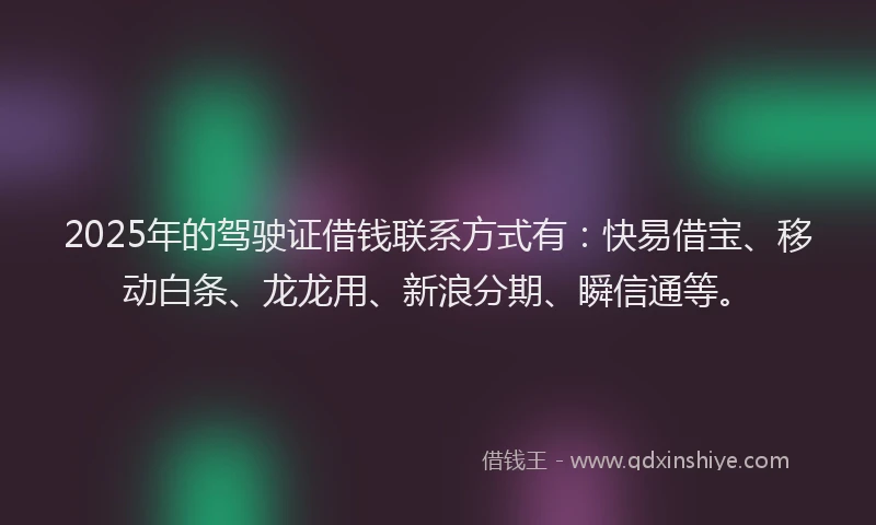 2025年的驾驶证借钱联系方式有:快易借宝、移动白条、龙龙用、新浪分期、瞬信通等。