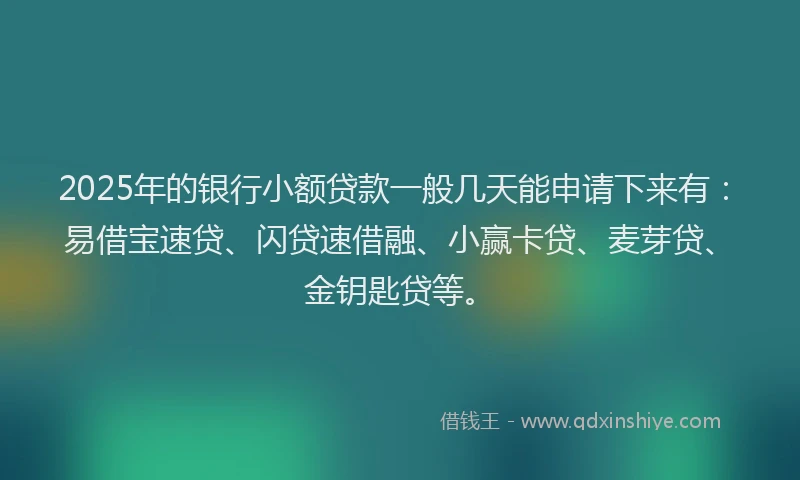 2025年的银行小额贷款一般几天能申请下来有:易借宝速贷、闪贷速借融、小赢卡贷、麦芽贷、金钥匙贷等。