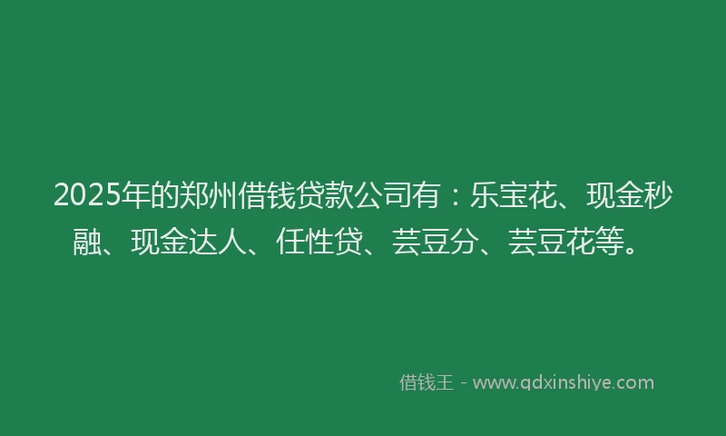 2025年的郑州借钱贷款公司有：乐宝花、现金秒融、现金达人、任性贷、芸豆分、芸豆花等。