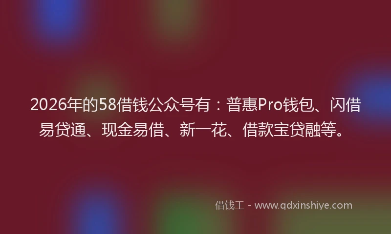 2026年的58借钱公众号有：普惠Pro钱包、闪借易贷通、现金易借、新一花、借款宝贷融等。