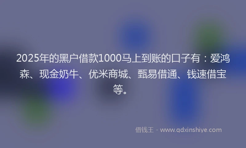 2025年的黑户借款1000马上到账的口子有：爱鸿森、现金奶牛、优米商城、甄易借通、钱速借宝等。