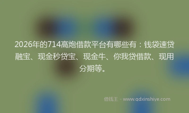 2026年的714高炮借款平台有哪些有:钱袋速贷融宝、现金秒贷宝、现金牛、你我贷借款、现用分期等。