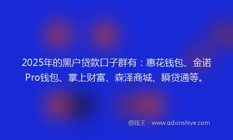 2025年的黑户贷款口子群有：惠花钱包、金诺Pro钱包、掌上财富、森泽商城、瞬贷通等。