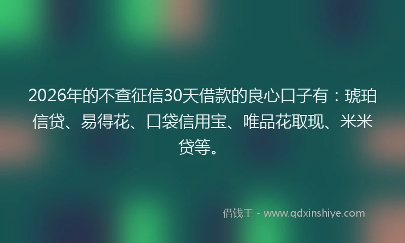 2026年的不查征信30天借款的良心口子有：琥珀信贷、易得花、口袋信用宝、唯品花取现、米米贷等。