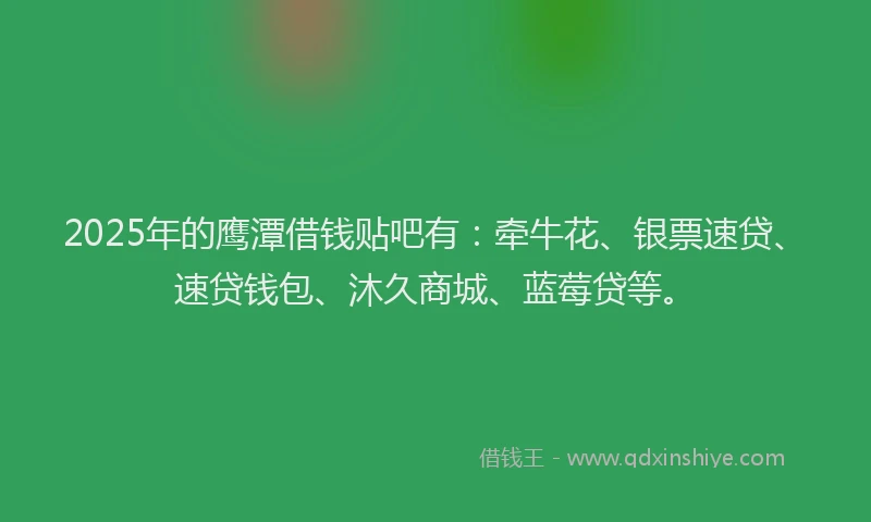 2025年的鹰潭借钱贴吧有:牵牛花、银票速贷、速贷钱包、沐久商城、蓝莓贷等。