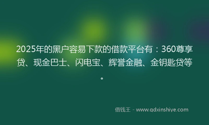 2025年的黑户容易下款的借款平台有:360尊享贷、现金巴士、闪电宝、辉誉金融、金钥匙贷等。