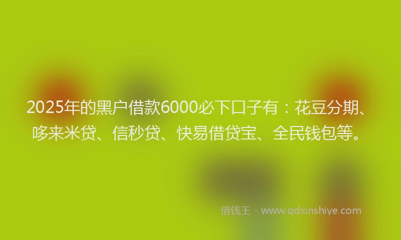 2025年的黑户借款6000必下口子有：花豆分期、哆来米贷、信秒贷、快易借贷宝、全民钱包等。
