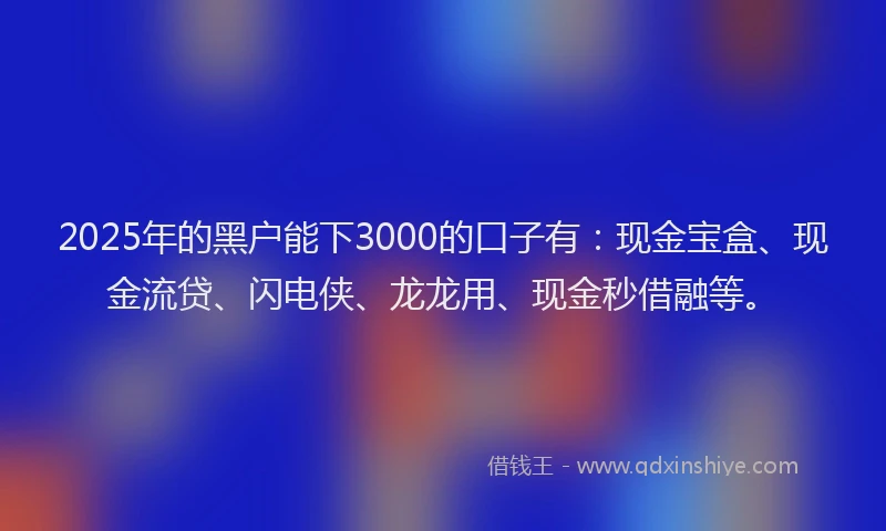 2025年的黑户能下3000的口子有：现金宝盒、现金流贷、闪电侠、龙龙用、现金秒借融等。