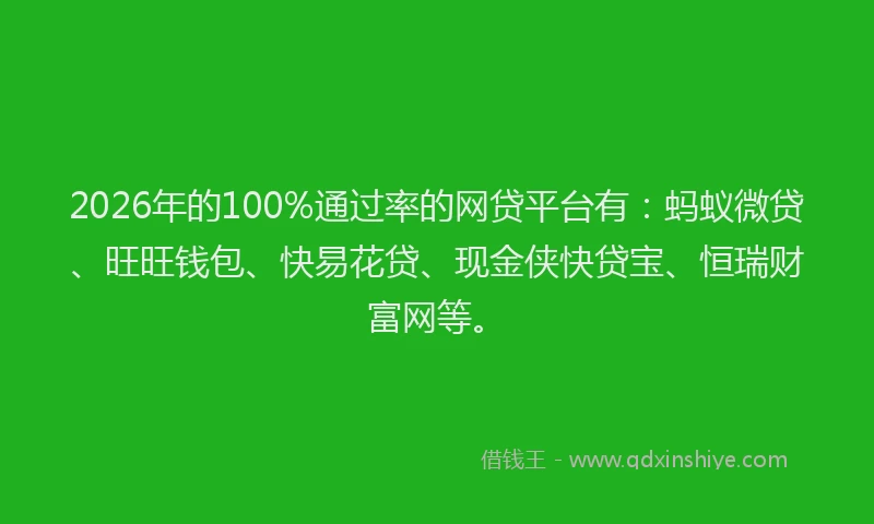 2026年的100%通过率的网贷平台有：蚂蚁微贷、旺旺钱包、快易花贷、现金侠快贷宝、恒瑞财富网等。
