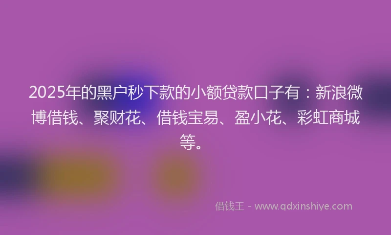 2025年的黑户秒下款的小额贷款口子有:新浪微博借钱、聚财花、借钱宝易、盈小花、彩虹商城等。