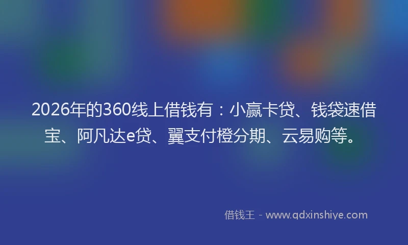 2026年的360线上借钱有：小赢卡贷、钱袋速借宝、阿凡达e贷、翼支付橙分期、云易购等。
