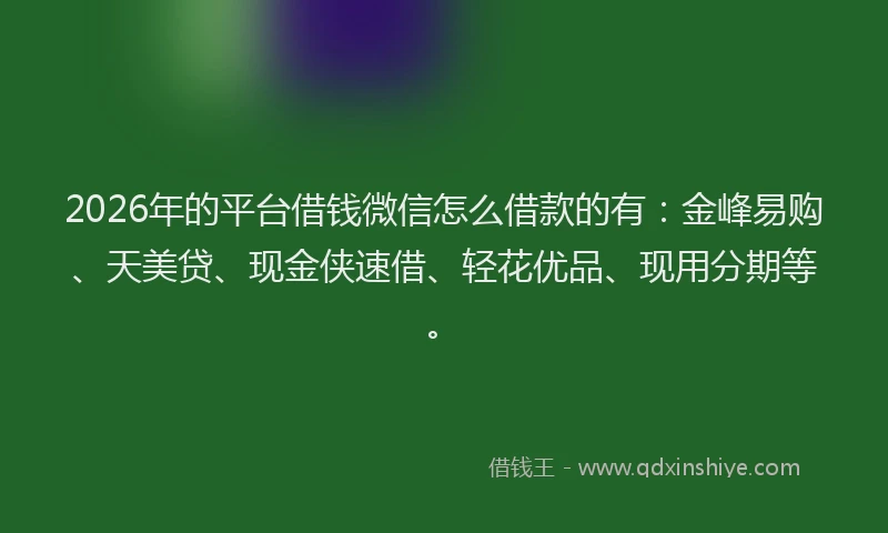2026年的平台借钱微信怎么借款的有:金峰易购、天美贷、现金侠速借、轻花优品、现用分期等。