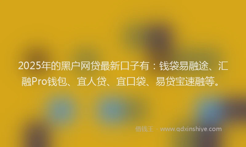 2025年的黑户网贷最新口子有：钱袋易融途、汇融Pro钱包、宜人贷、宜口袋、易贷宝速融等。