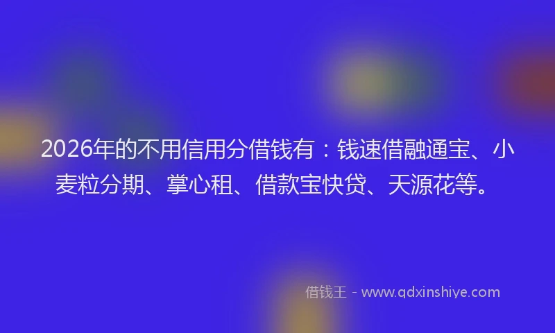 2026年的不用信用分借钱有:钱速借融通宝、小麦粒分期、掌心租、借款宝快贷、天源花等。