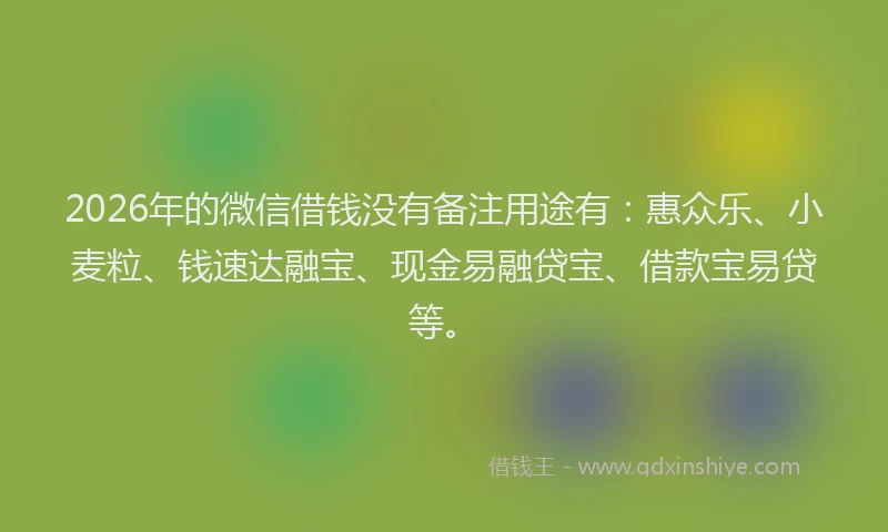 2026年的微信借钱没有备注用途有:惠众乐、小麦粒、钱速达融宝、现金易融贷宝、借款宝易贷等。