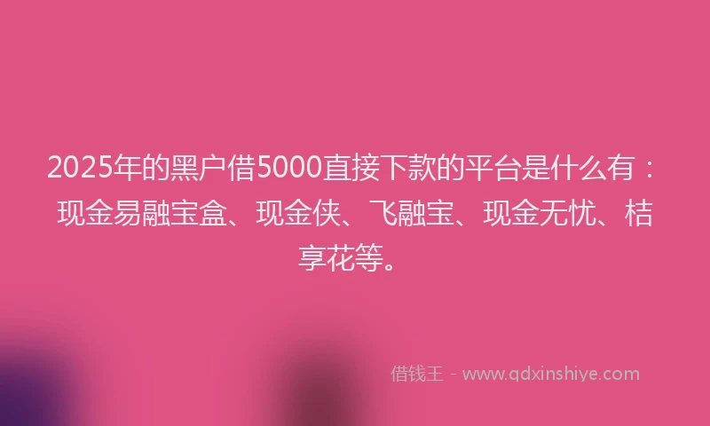 2025年的黑户借5000直接下款的平台是什么有：现金易融宝盒、现金侠、飞融宝、现金无忧、桔享花等。