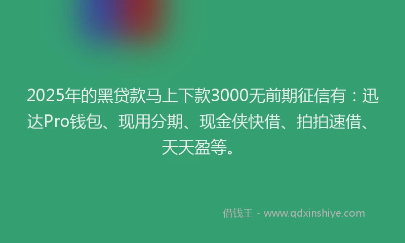 2025年的黑贷款马上下款3000无前期征信有：迅达Pro钱包、现用分期、现金侠快借、拍拍速借、天天盈等。