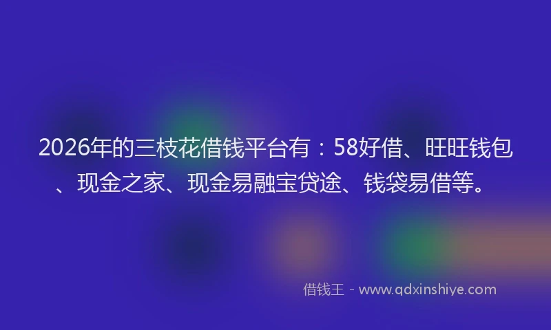 2026年的三枝花借钱平台有:58好借、旺旺钱包、现金之家、现金易融宝贷途、钱袋易借等。