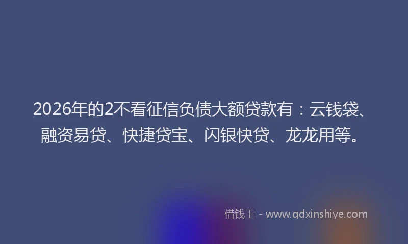 2026年的2不看征信负债大额贷款有：云钱袋、融资易贷、快捷贷宝、闪银快贷、龙龙用等。