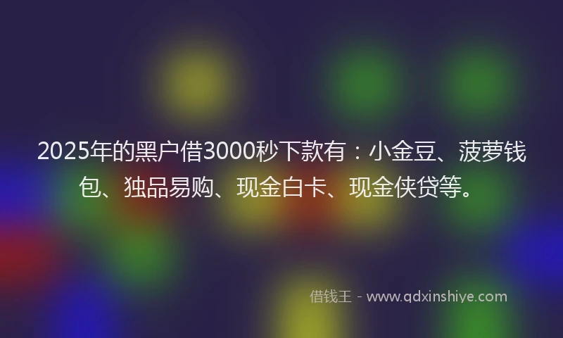 2025年的黑户借3000秒下款有：小金豆、菠萝钱包、独品易购、现金白卡、现金侠贷等。