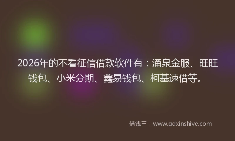 2026年的不看征信借款软件有:涌泉金服、旺旺钱包、小米分期、鑫易钱包、柯基速借等。