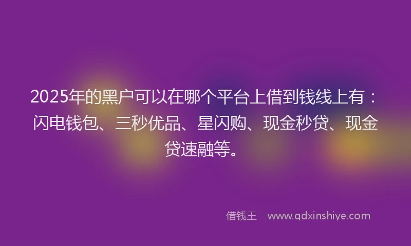 2025年的黑户可以在哪个平台上借到钱线上有:闪电钱包、三秒优品、星闪购、现金秒贷、现金贷速融等。