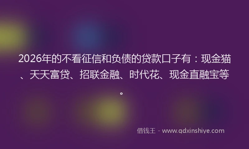 2026年的不看征信和负债的贷款口子有：现金猫、天天富贷、招联金融、时代花、现金直融宝等。