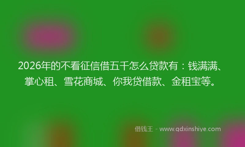 2026年的不看征信借五千怎么贷款有：钱满满、掌心租、雪花商城、你我贷借款、金租宝等。