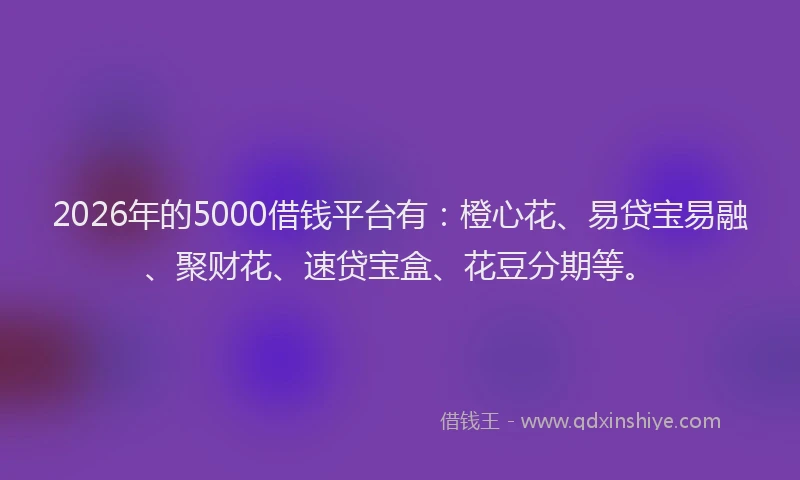 2026年的5000借钱平台有：橙心花、易贷宝易融、聚财花、速贷宝盒、花豆分期等。