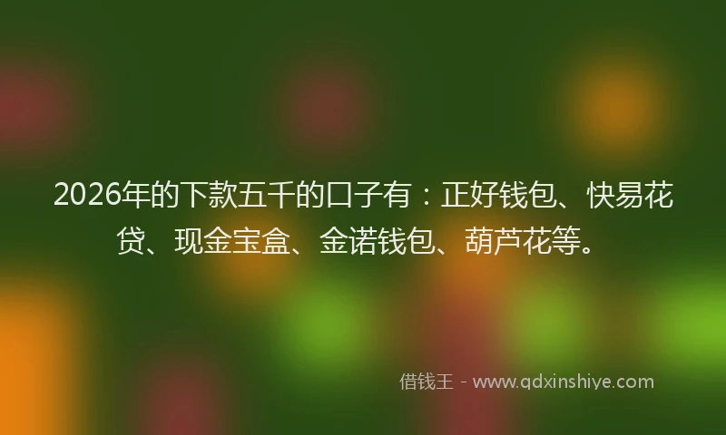 2026年的下款五千的口子有：正好钱包、快易花贷、现金宝盒、金诺钱包、葫芦花等。