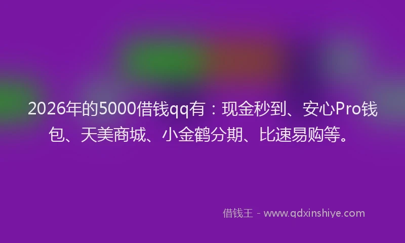 2026年的5000借钱qq有：现金秒到、安心Pro钱包、天美商城、小金鹤分期、比速易购等。