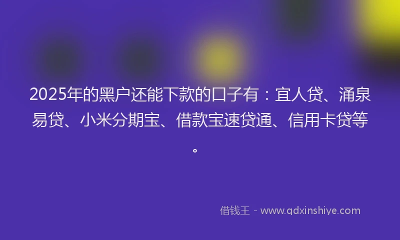 2025年的黑户还能下款的口子有：宜人贷、涌泉易贷、小米分期宝、借款宝速贷通、信用卡贷等。