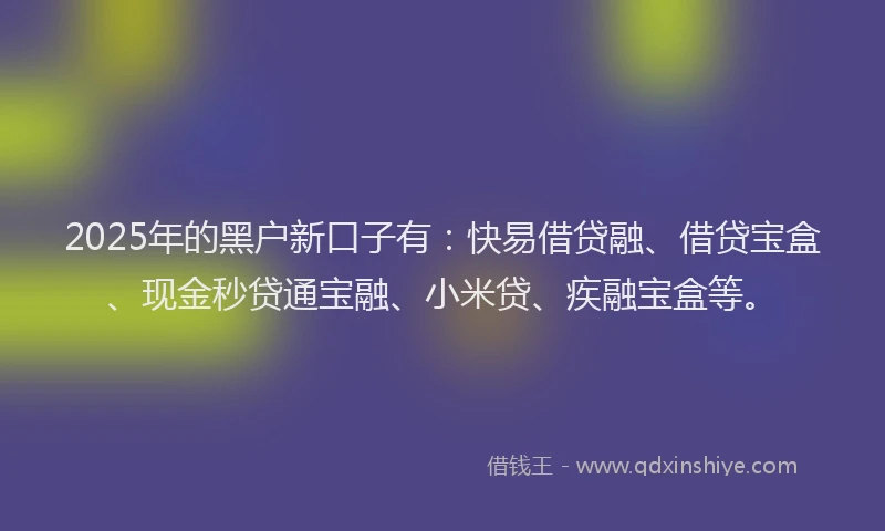 2025年的黑户新口子有:快易借贷融、借贷宝盒、现金秒贷通宝融、小米贷、疾融宝盒等。