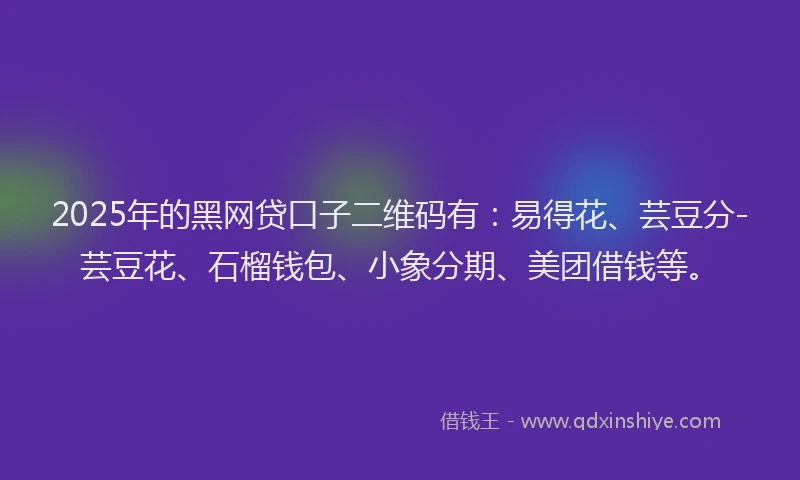 2025年的黑网贷口子二维码有：易得花、芸豆分-芸豆花、石榴钱包、小象分期、美团借钱等。