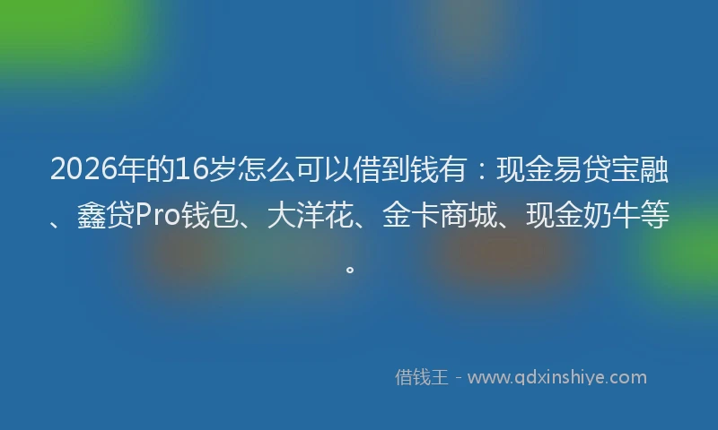 2026年的16岁怎么可以借到钱有:现金易贷宝融、鑫贷Pro钱包、大洋花、金卡商城、现金奶牛等。