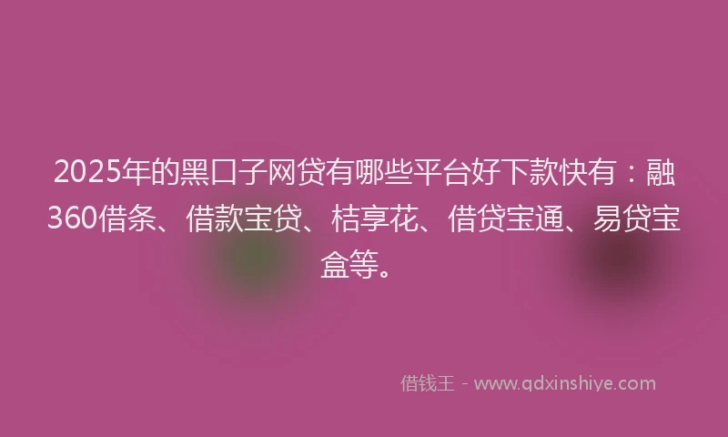 2025年的黑口子网贷有哪些平台好下款快有：融360借条、借款宝贷、桔享花、借贷宝通、易贷宝盒等。