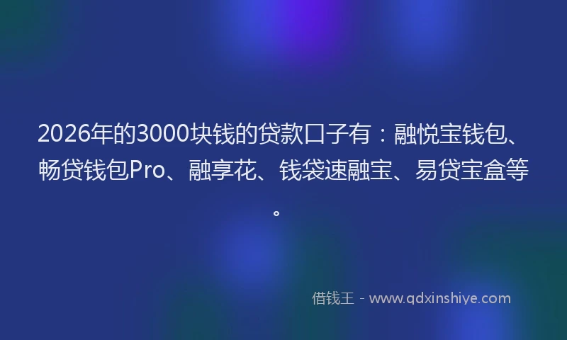 2026年的3000块钱的贷款口子有:融悦宝钱包、畅贷钱包Pro、融享花、钱袋速融宝、易贷宝盒等。