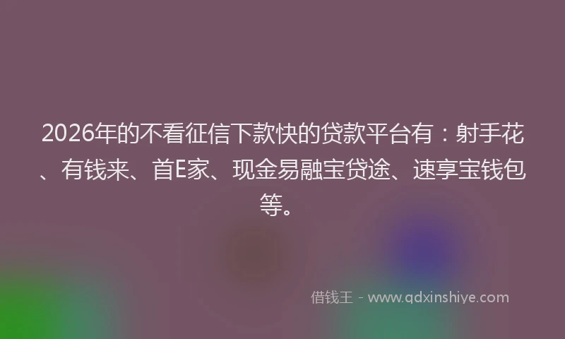2026年的不看征信下款快的贷款平台有:射手花、有钱来、首E家、现金易融宝贷途、速享宝钱包等。