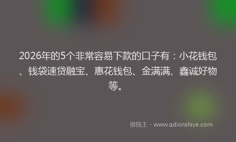 2026年的5个非常容易下款的口子有：小花钱包、钱袋速贷融宝、惠花钱包、金满满、鑫诚好物等。
