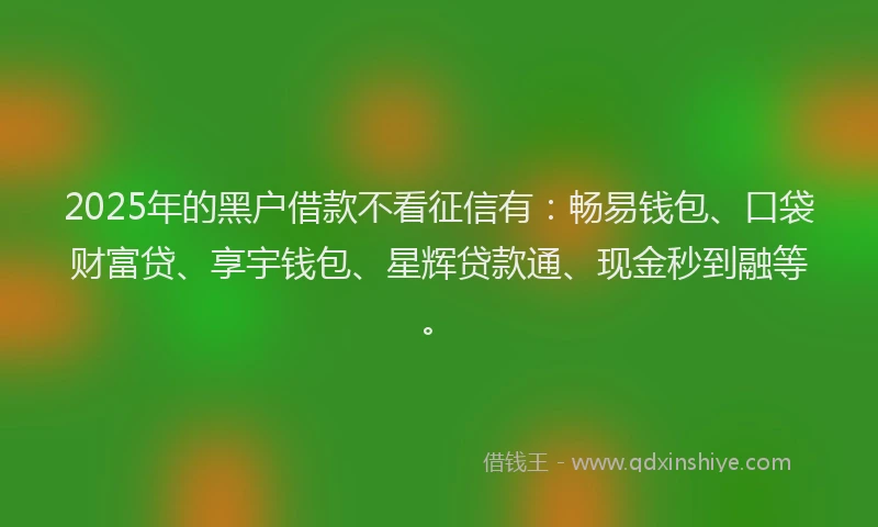 2025年的黑户借款不看征信有：畅易钱包、口袋财富贷、享宇钱包、星辉贷款通、现金秒到融等。