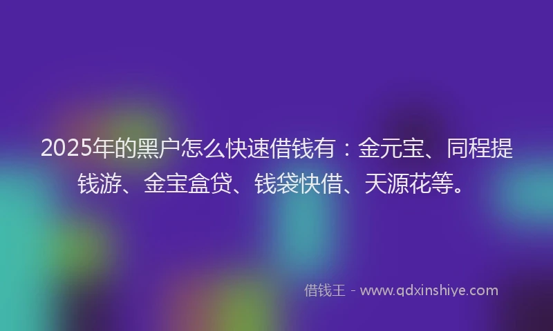 2025年的黑户怎么快速借钱有：金元宝、同程提钱游、金宝盒贷、钱袋快借、天源花等。
