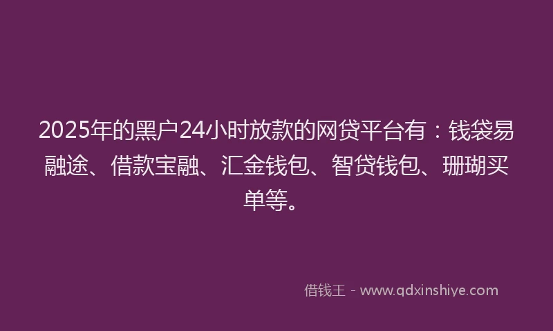 2025年的黑户24小时放款的网贷平台有：钱袋易融途、借款宝融、汇金钱包、智贷钱包、珊瑚买单等。