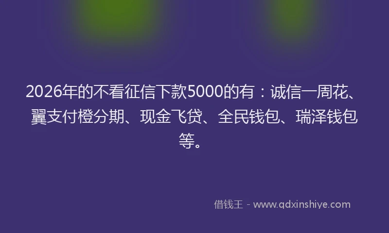 2026年的不看征信下款5000的有：诚信一周花、翼支付橙分期、现金飞贷、全民钱包、瑞泽钱包等。