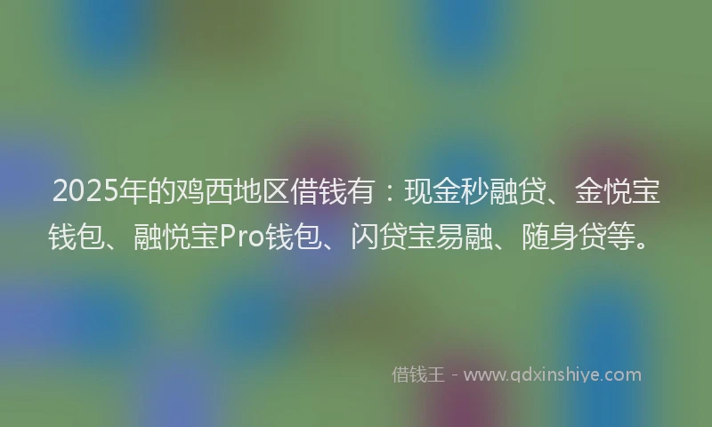 2025年的鸡西地区借钱有:现金秒融贷、金悦宝钱包、融悦宝Pro钱包、闪贷宝易融、随身贷等。