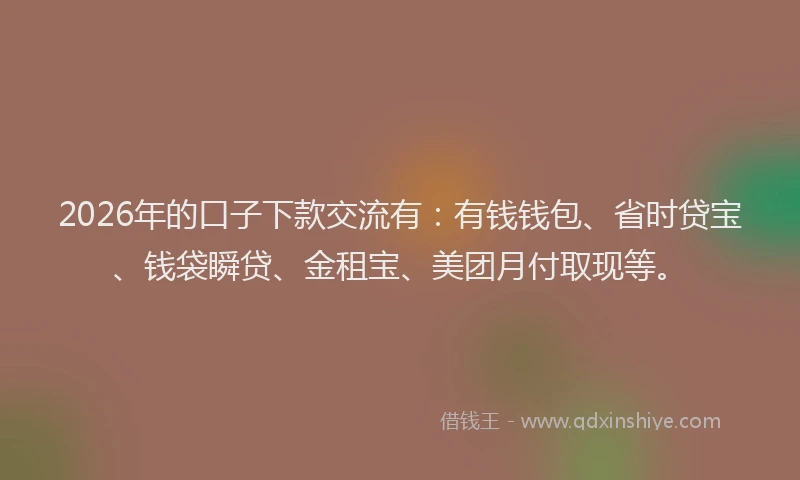 2026年的口子下款交流有：有钱钱包、省时贷宝、钱袋瞬贷、金租宝、美团月付取现等。