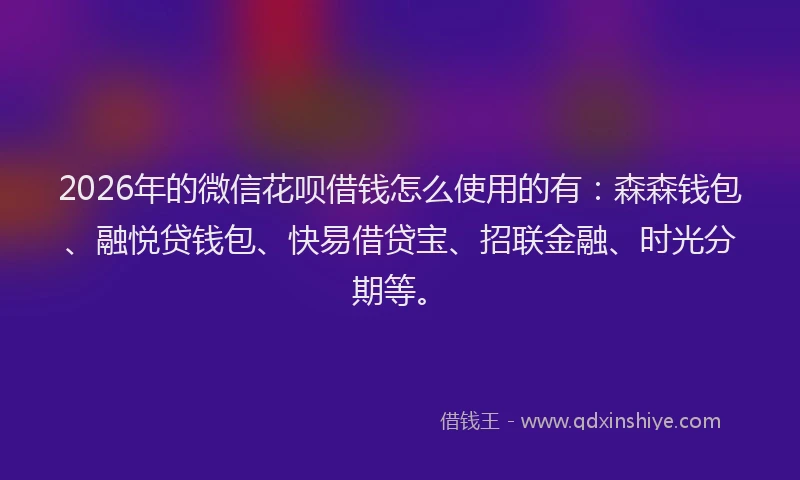 2026年的微信花呗借钱怎么使用的有:森森钱包、融悦贷钱包、快易借贷宝、招联金融、时光分期等。