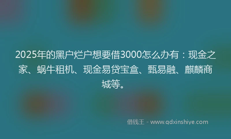 2025年的黑户烂户想要借3000怎么办有:现金之家、蜗牛租机、现金易贷宝盒、甄易融、麒麟商城等。
