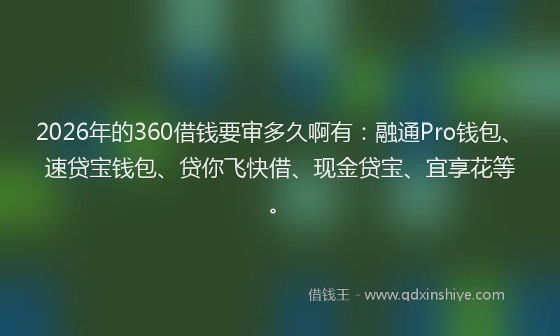 2026年的360借钱要审多久啊有:融通Pro钱包、速贷宝钱包、贷你飞快借、现金贷宝、宜享花等。