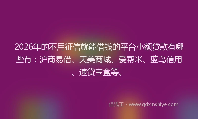 2026年的不用征信就能借钱的平台小额贷款有哪些有：沪商易借、天美商城、爱帮米、蓝鸟信用、速贷宝盒等。